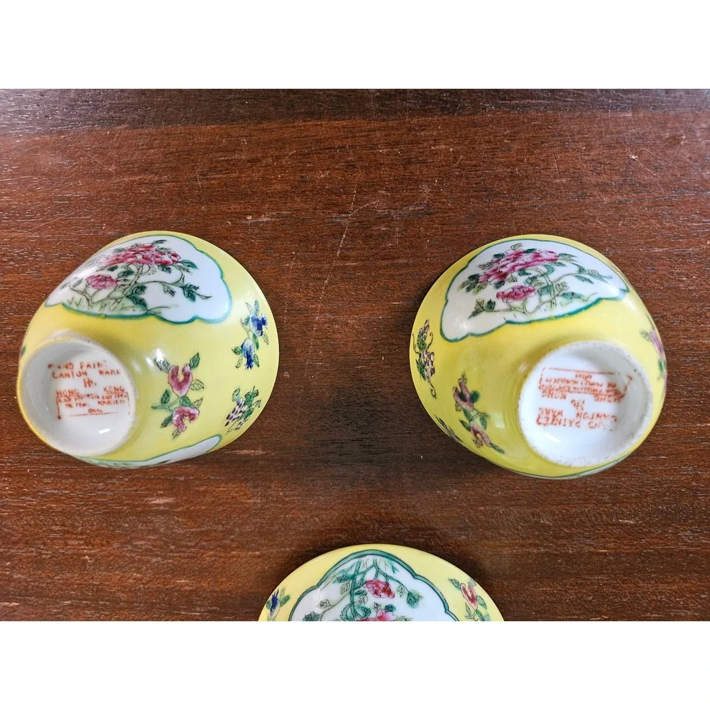 Hand Painted Canton Ware Tea Set Yellow Floral Porcelain 3pc Teapot Cup